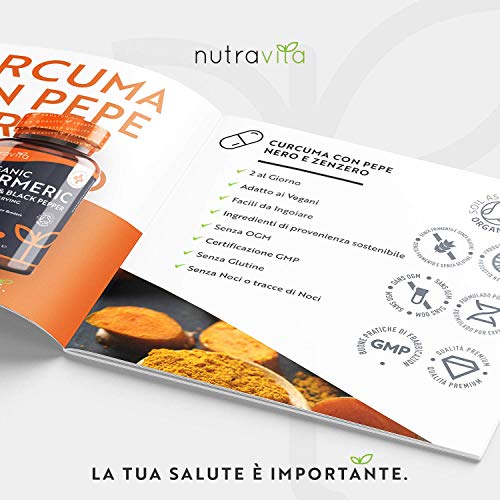 Curcuma Bio con Piperina e Zenzero - 180 Capsule di Curcuma e Piperina Vegana ad Alto Dosaggio (Fornitura per 3 Mesi) - Ingrediente Attivo Curcumina - Prodotto da Nutravita