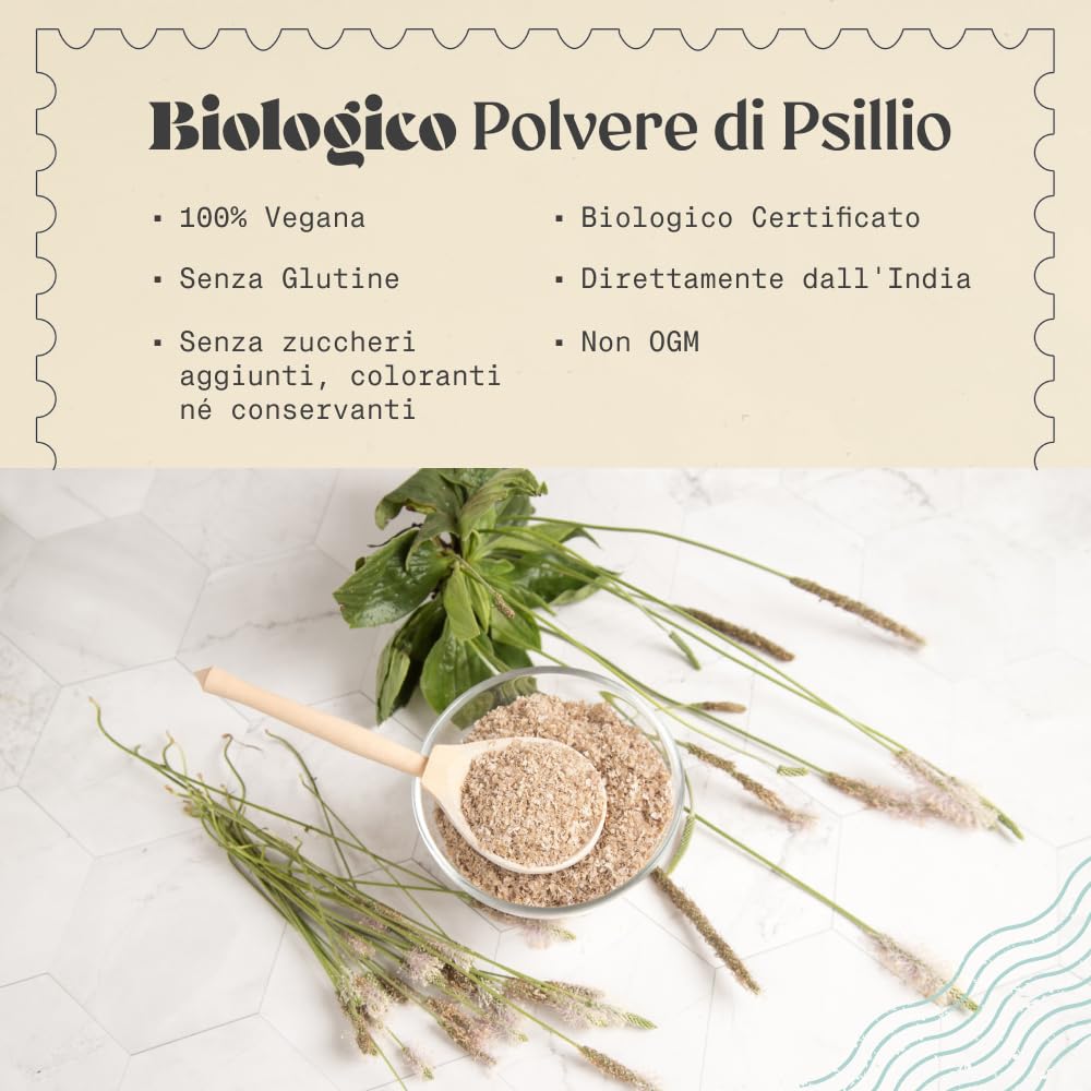 Bucce di Psillio Biologico - Purezza 99% - da 200 g. Psyllium Husk Bio, Naturale e Puro. Cuticola di Semi di Psillio, prodotto in India. Ricco di Fibre, da assumere in Acqua, Bevande o Succhi