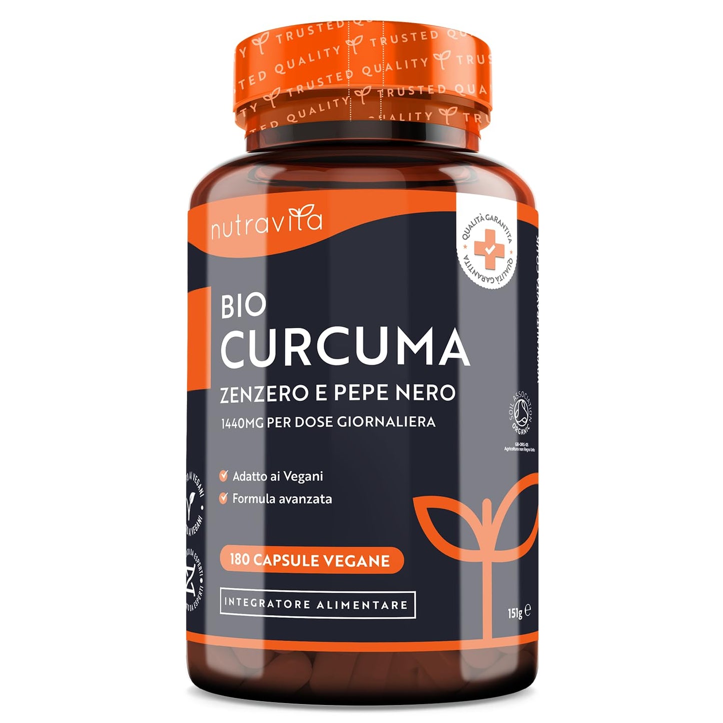 Curcuma Bio con Piperina e Zenzero - 180 Capsule di Curcuma e Piperina Vegana ad Alto Dosaggio (Fornitura per 3 Mesi) - Ingrediente Attivo Curcumina - Prodotto da Nutravita