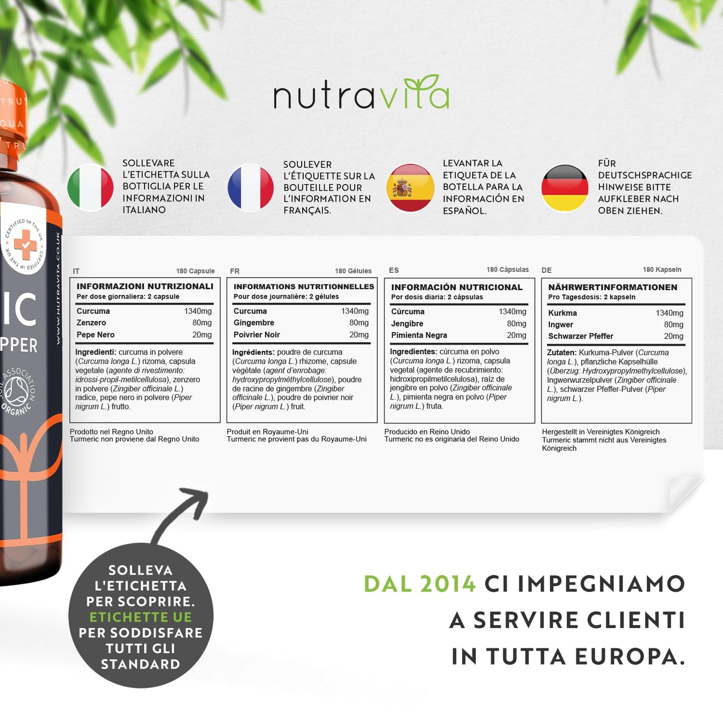 Curcuma Bio con Piperina e Zenzero - 180 Capsule di Curcuma e Piperina Vegana ad Alto Dosaggio (Fornitura per 3 Mesi) - Ingrediente Attivo Curcumina - Prodotto da Nutravita