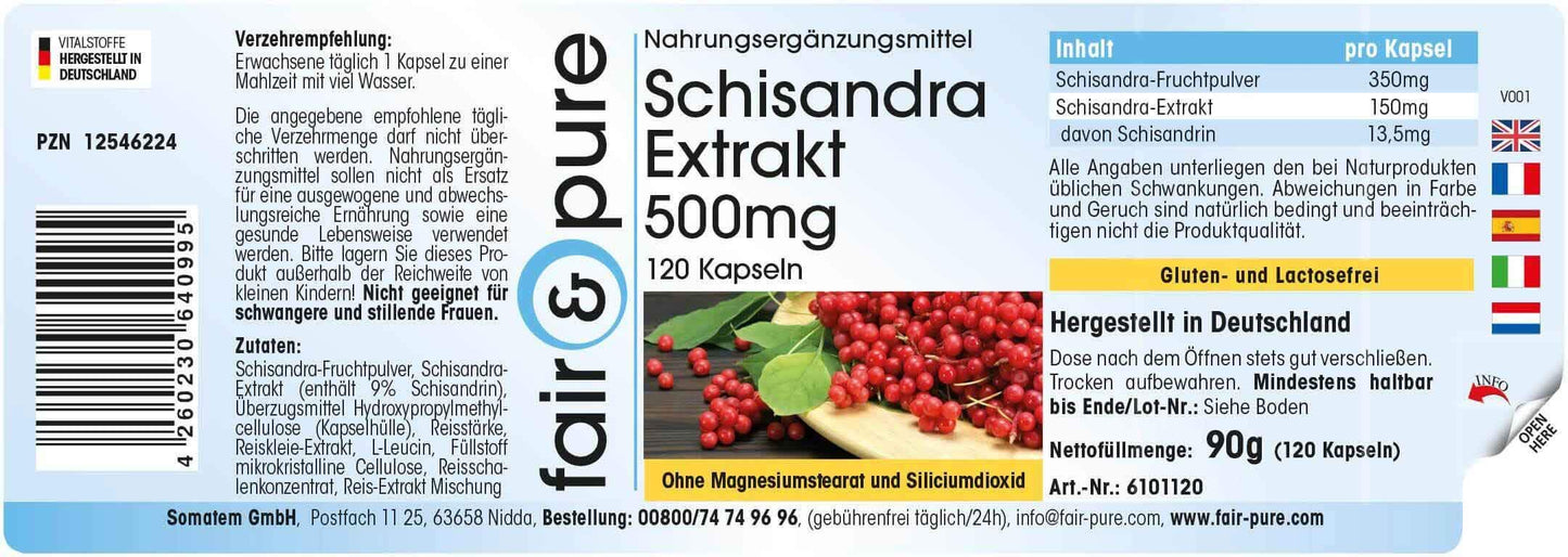 Fair & Pure® - Schisandra - Polvere in capsule - Estratto di Schisandra chinensis 500mg - Vegan - 9% schisandrina - 120 Capsule
