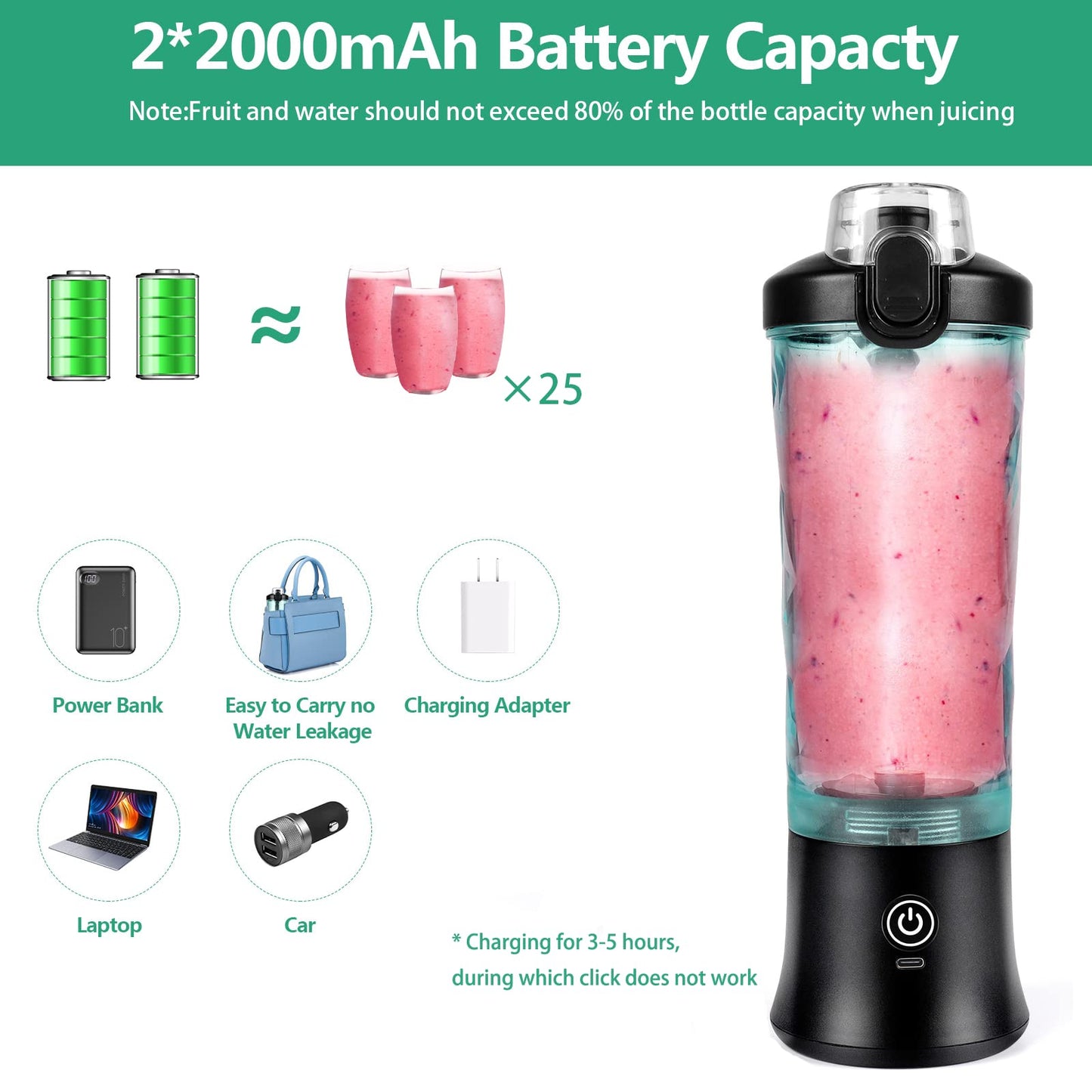 Dreamhigh® Mini Frullatore Portatile, 600ml Bottiglia Frullatore Portatile con 2 Lame, 4000 mAh Mini Frullatore Elettrico Produce 20 Tazze di Succo Per Casa, Ufficio, Campeggio e Viaggi