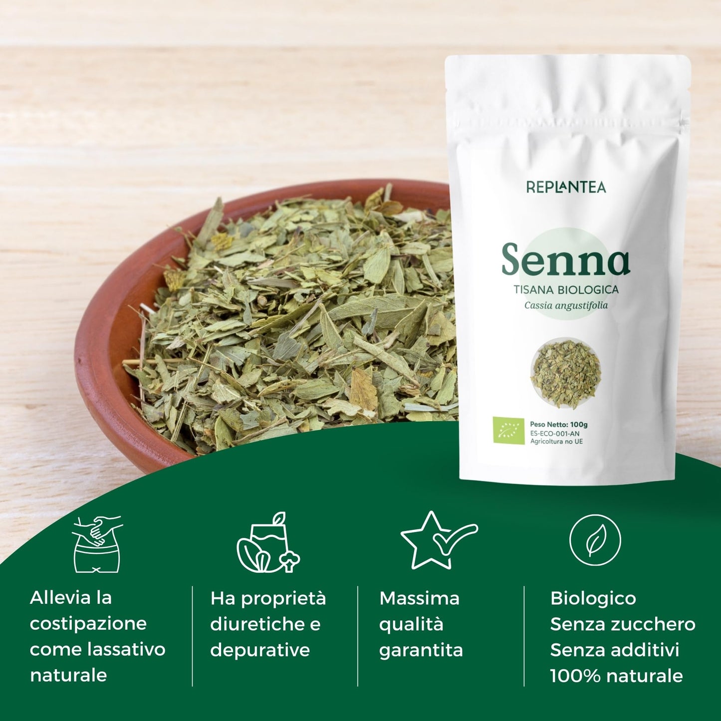 TISANA SENNA BIO 100g (50 Tazze) | Foglie di Senna per Regolarità del Transito Intestinale | Foglie di Senna Tritate per il Tè o l'Infuso REPLANTEA