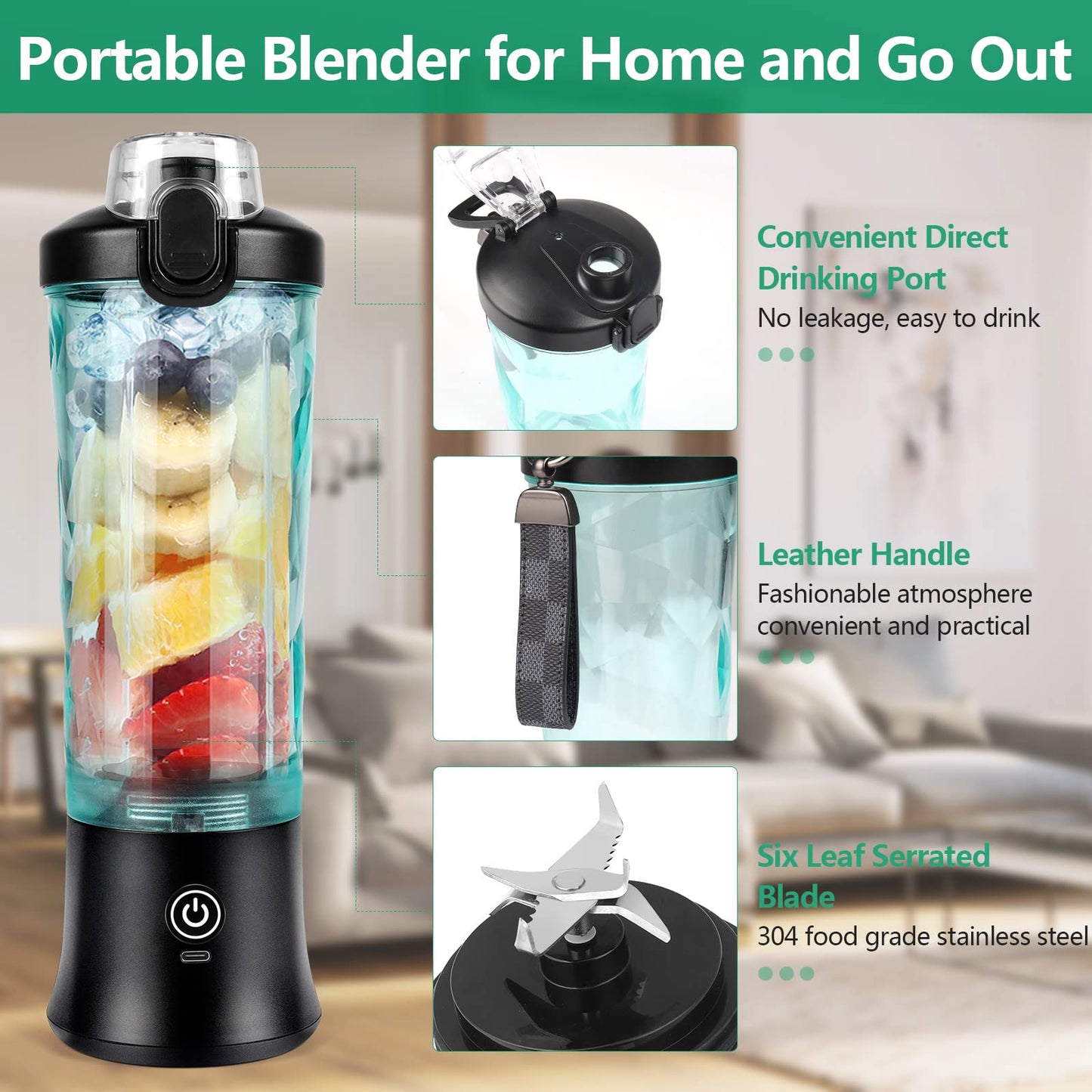 Dreamhigh® Mini Frullatore Portatile, 600ml Bottiglia Frullatore Portatile con 2 Lame, 4000 mAh Mini Frullatore Elettrico Produce 20 Tazze di Succo Per Casa, Ufficio, Campeggio e Viaggi