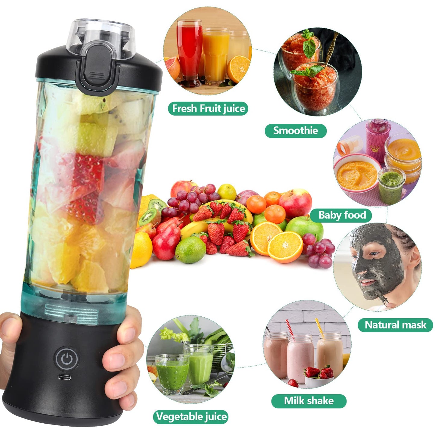Dreamhigh® Mini Frullatore Portatile, 600ml Bottiglia Frullatore Portatile con 2 Lame, 4000 mAh Mini Frullatore Elettrico Produce 20 Tazze di Succo Per Casa, Ufficio, Campeggio e Viaggi