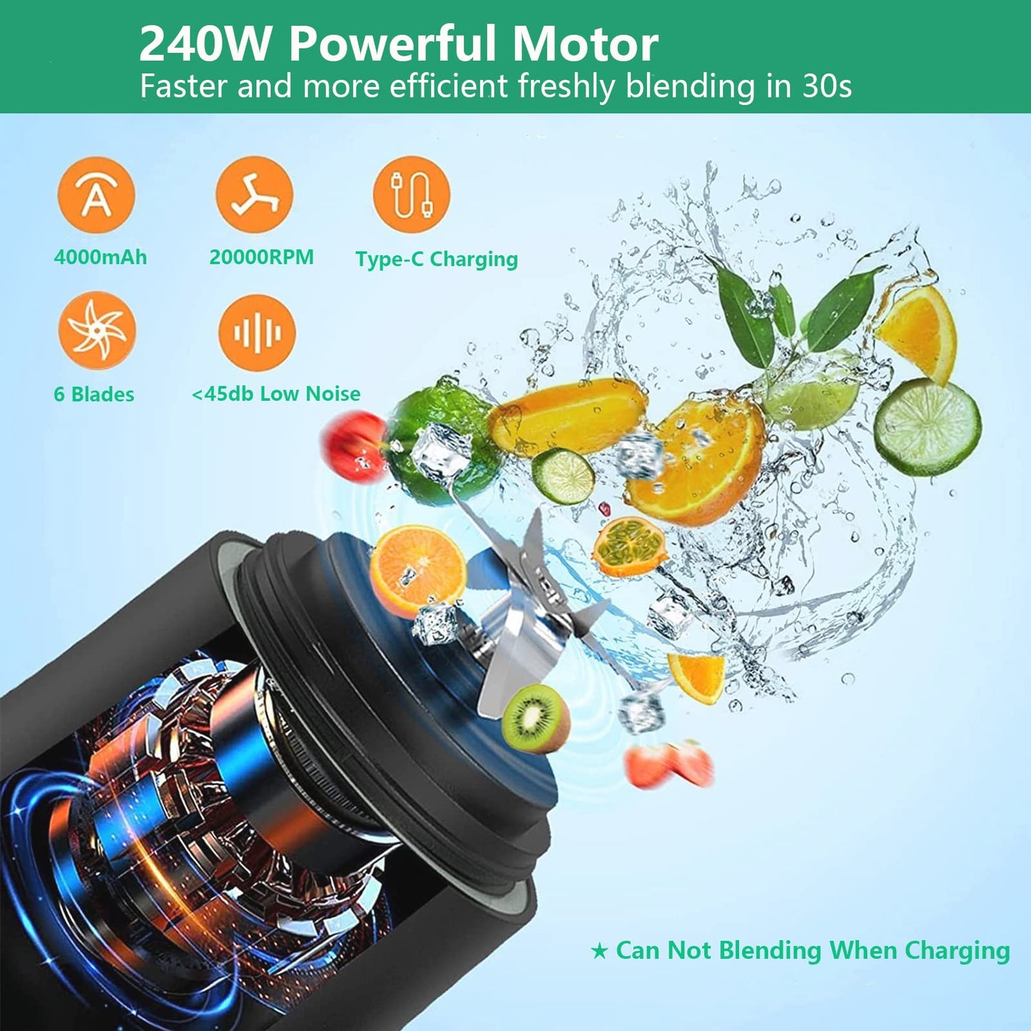 Dreamhigh® Mini Frullatore Portatile, 600ml Bottiglia Frullatore Portatile con 2 Lame, 4000 mAh Mini Frullatore Elettrico Produce 20 Tazze di Succo Per Casa, Ufficio, Campeggio e Viaggi