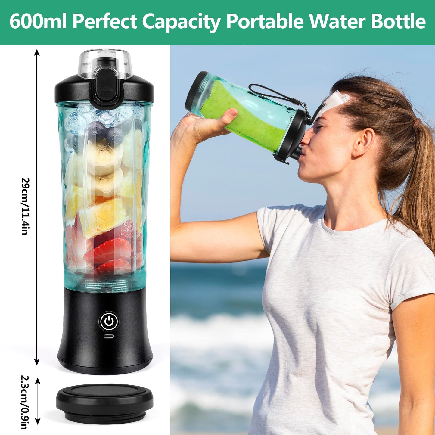 Dreamhigh® Mini Frullatore Portatile, 600ml Bottiglia Frullatore Portatile con 2 Lame, 4000 mAh Mini Frullatore Elettrico Produce 20 Tazze di Succo Per Casa, Ufficio, Campeggio e Viaggi