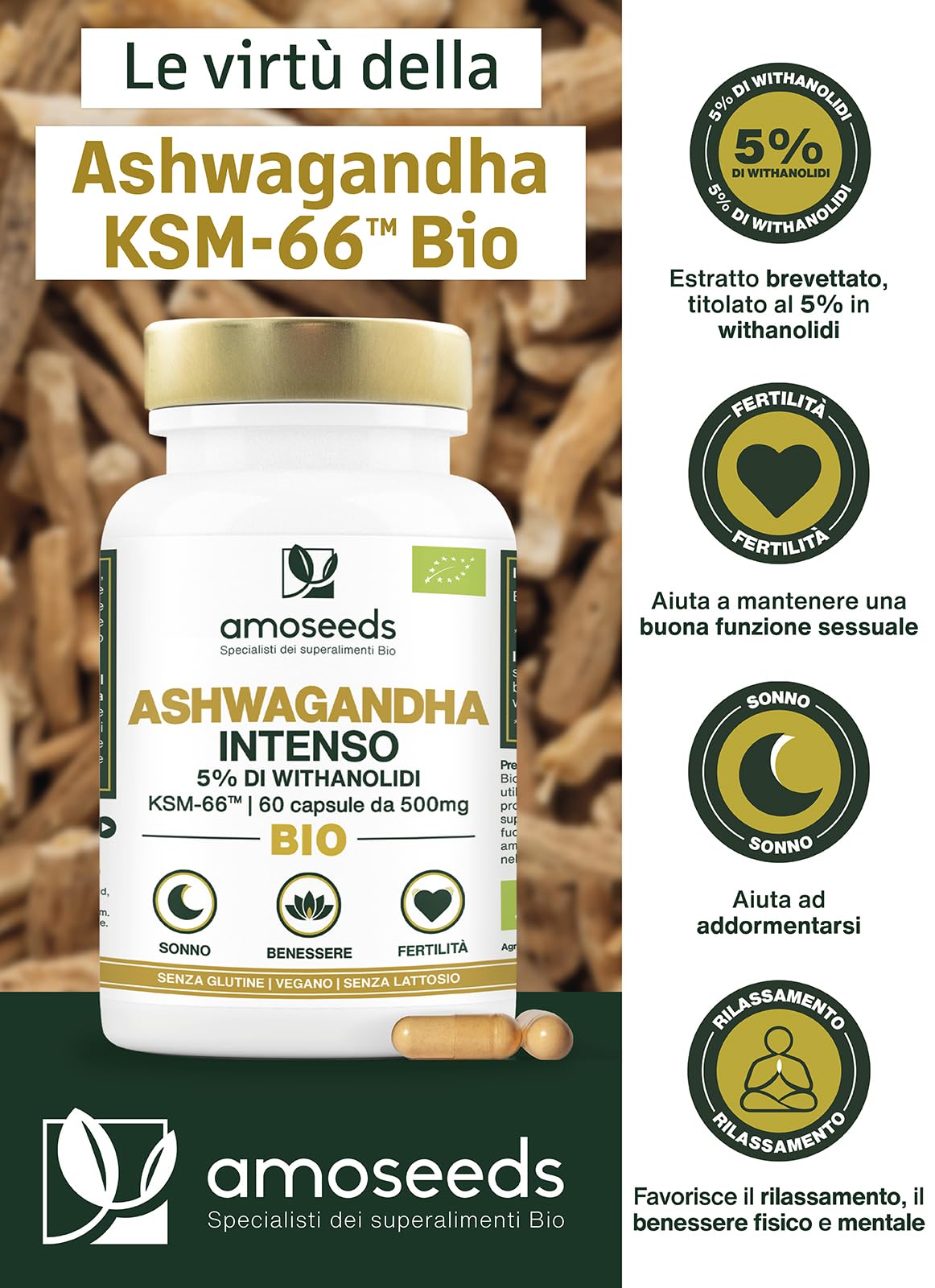 Ashwagandha BIO KSM-66™ | Alto Dosaggio: 5% di withanolidi | 60 capsule da 500mg | Antistress, Sonno, Energia, Benessere | Qualità Superiore