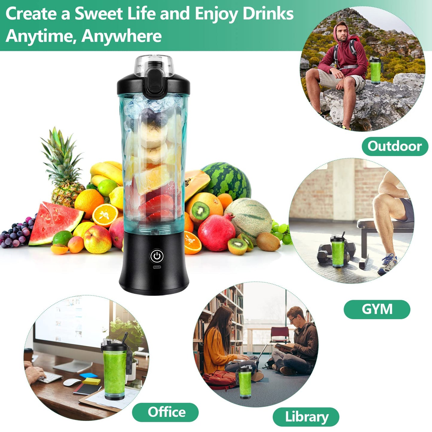 Dreamhigh® Mini Frullatore Portatile, 600ml Bottiglia Frullatore Portatile con 2 Lame, 4000 mAh Mini Frullatore Elettrico Produce 20 Tazze di Succo Per Casa, Ufficio, Campeggio e Viaggi