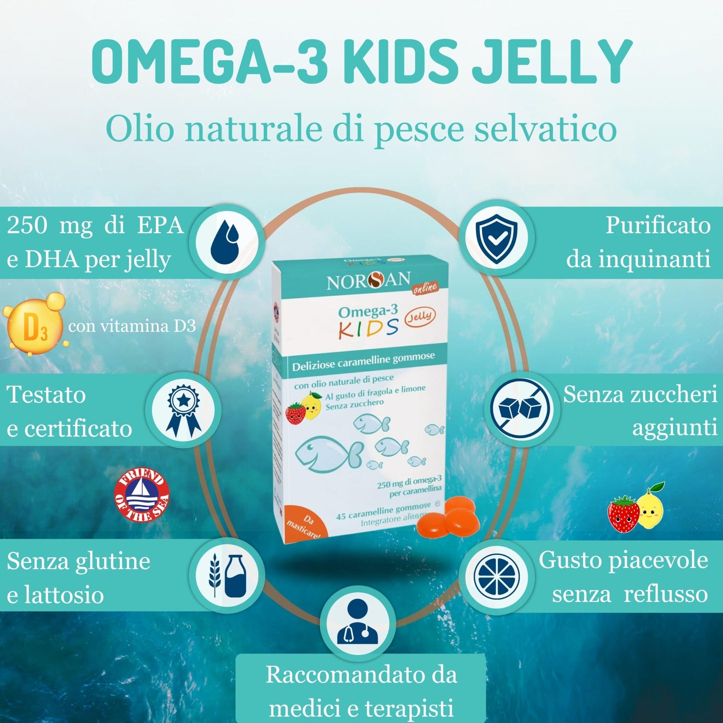 NORSAN Omega 3 bambini FISK Jelly - 45 Caramelline Omega 3 per bambini masticabili alla frutta con Olio di pesce Omega 3 IFOS I Integratore bambini con Omega 3 EPA DHA I Integratore Omega 3 Vitamina D