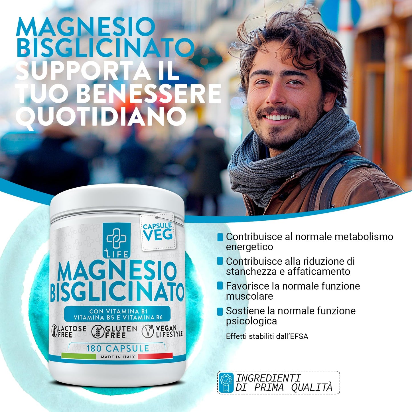 Magnesio Bisglicinato Capsule 180 PiuLife® Con Vitamina B6, B1, B5 Magnesio Organico, Integratore Muscoli, Sistema Nervoso, Stress, Ossa, Magnesio Glicinato Integratore Magnesio Per Dormire