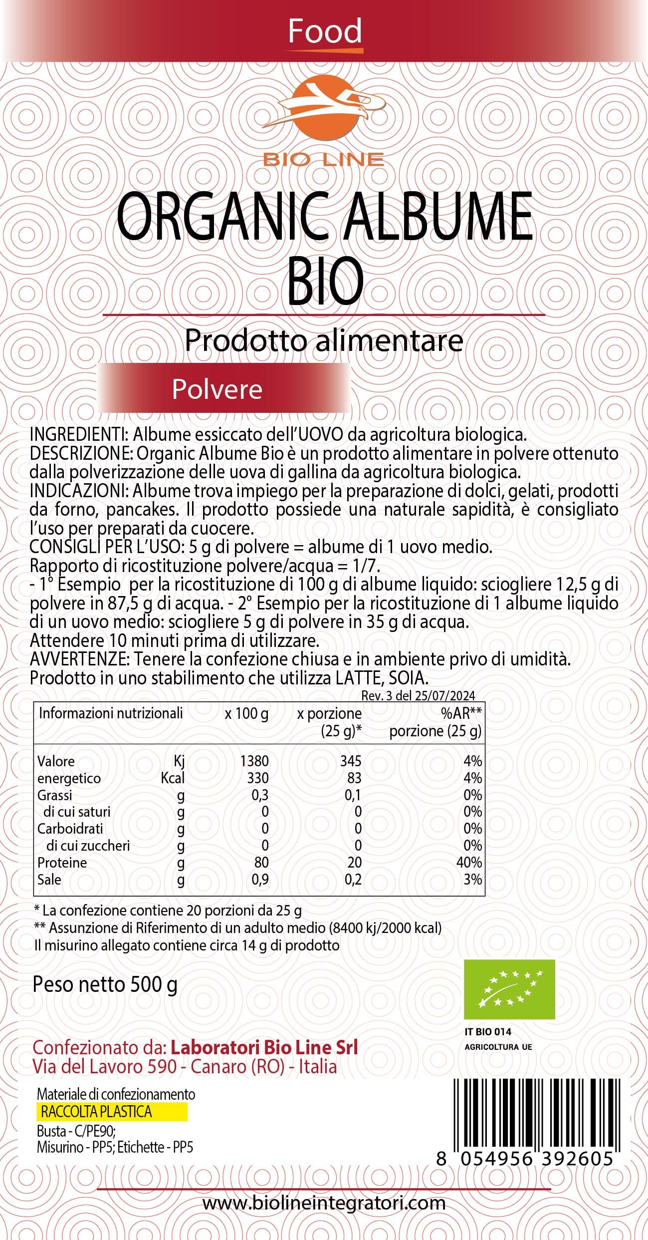 Albume Bio In Polvere - Prodotto alimentare da agricoltura biologica, 500 g