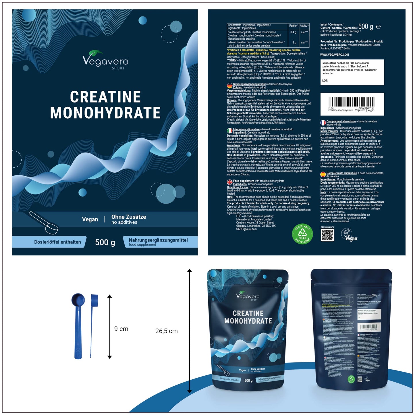 Creatina Monoidrata in Polvere 500g | 100% Pura e ad Alto Dosaggio | Integratore per Allenamento, Sport, Palestra e Pre Workout | Vegan | Testato in Laboratorio | Senza Additivi | Vegavero®