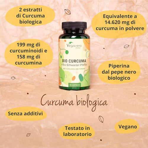 Curcuma e Piperina Plus | 14620 mg di curcuma in polvere (7:1 – 60:1) | con Piperina | Salute Articolazioni e Fegato | Antinfiammatorio e antiossidante | No OGM | Vegan | Vegavero®