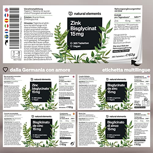 Zinco Integratore – 365 Compresse Vegan contro Acne e Brufoli – Zinco 15mg Scorta 1 Anno – Antiossidante per Pelle Sana – 15 mg di Zinco Elementare per Compresse da Puro Zinco Bisglicinato