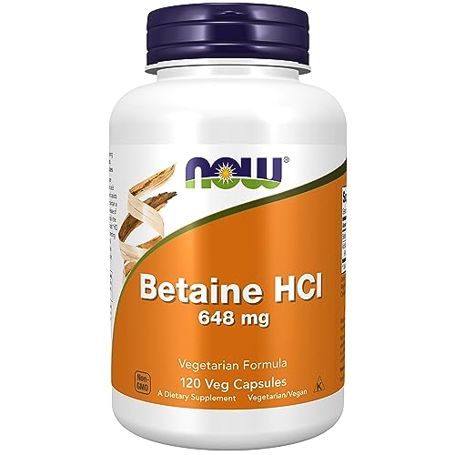 Now Foods, Betaine HCl, 648mg, 120 Capsule vegan, Testato in Laboratorio, Senza Glutine, Senza Soia, Vegetariano