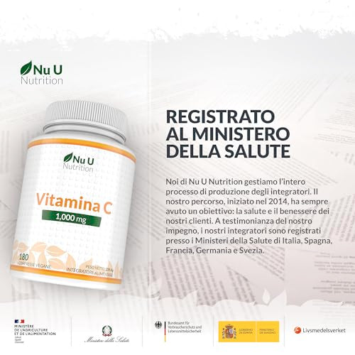 Vitamina C 1000mg Pura Alto Dosaggio - 180 Compresse Vegane - 6 Mesi di Fornitura - Acido Ascorbico - Senza GMO - Integratori alimentari di Nu U Nutrition