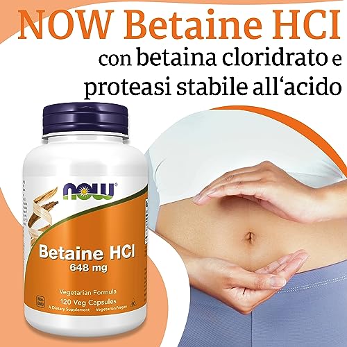 Now Foods, Betaine HCl, 648mg, 120 Capsule vegan, Testato in Laboratorio, Senza Glutine, Senza Soia, Vegetariano