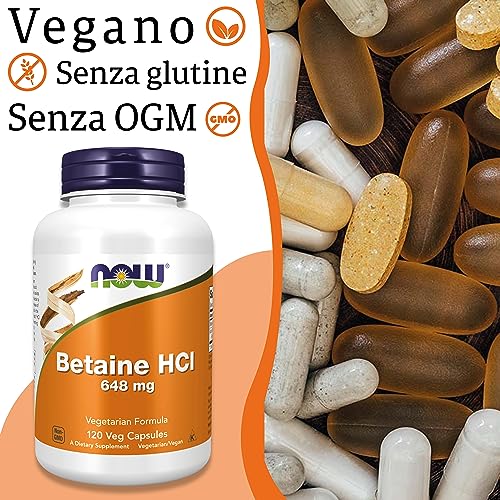 Now Foods, Betaine HCl, 648mg, 120 Capsule vegan, Testato in Laboratorio, Senza Glutine, Senza Soia, Vegetariano