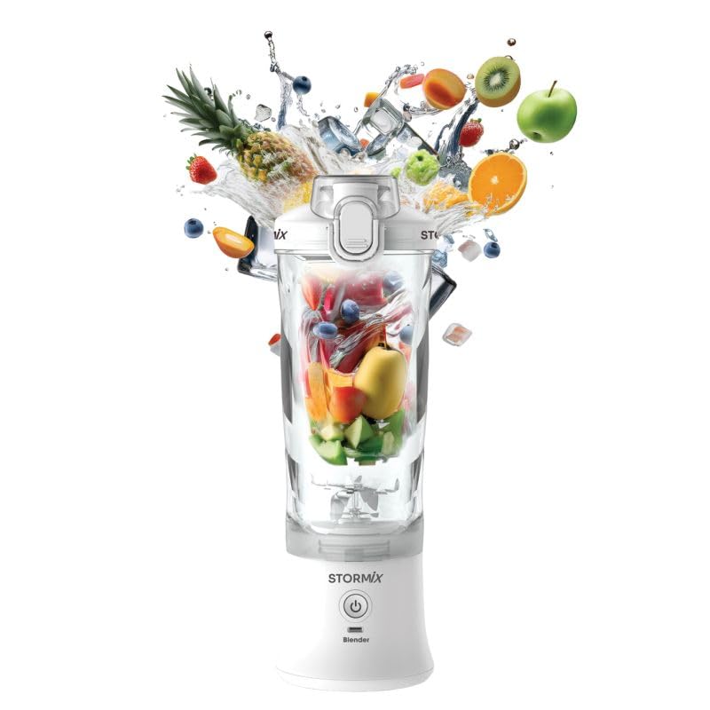 Stormix Blender – Blender Portatile Senza Fili – 6 Lame in Acciaio Inossidabile – 150 W Potente e Veloce – frullati, Shaker, Ghiaccio tritato – 600 ml – USB-C Ricaricabile – autopulente – Design