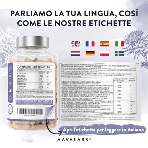 Cardo Mariano Fegato 80% Silimarina | Integratore Fegato e Intestino, 600mg Estratto 40:1 di Cardo Mariano Tarassaco e Carciofo Desmodio Vitamina A & E Colina, Depurativo Naturale Vegano - 120 Capsule