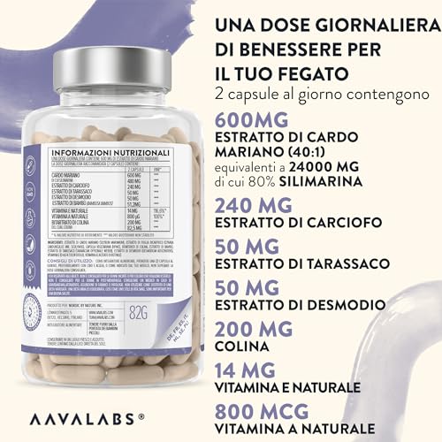 Cardo Mariano Fegato 80% Silimarina | Integratore Fegato e Intestino, 600mg Estratto 40:1 di Cardo Mariano Tarassaco e Carciofo Desmodio Vitamina A & E Colina, Depurativo Naturale Vegano - 120 Capsule