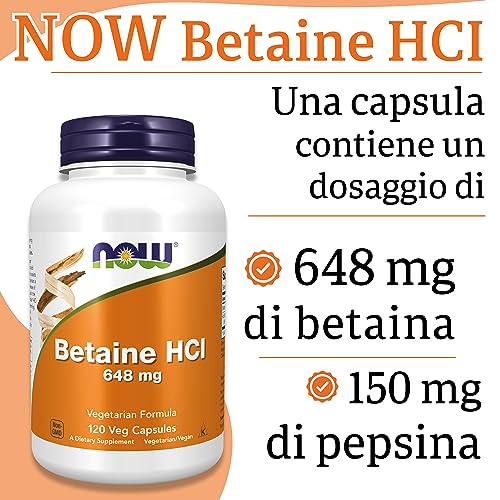 Now Foods, Betaine HCl, 648mg, 120 Capsule vegan, Testato in Laboratorio, Senza Glutine, Senza Soia, Vegetariano