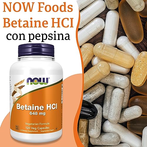 Now Foods, Betaine HCl, 648mg, 120 Capsule vegan, Testato in Laboratorio, Senza Glutine, Senza Soia, Vegetariano