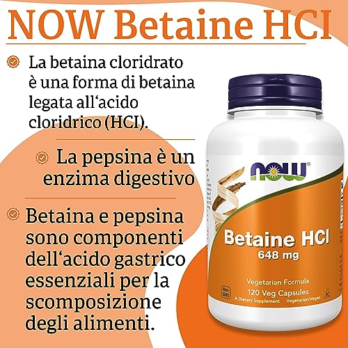 Now Foods, Betaine HCl, 648mg, 120 Capsule vegan, Testato in Laboratorio, Senza Glutine, Senza Soia, Vegetariano