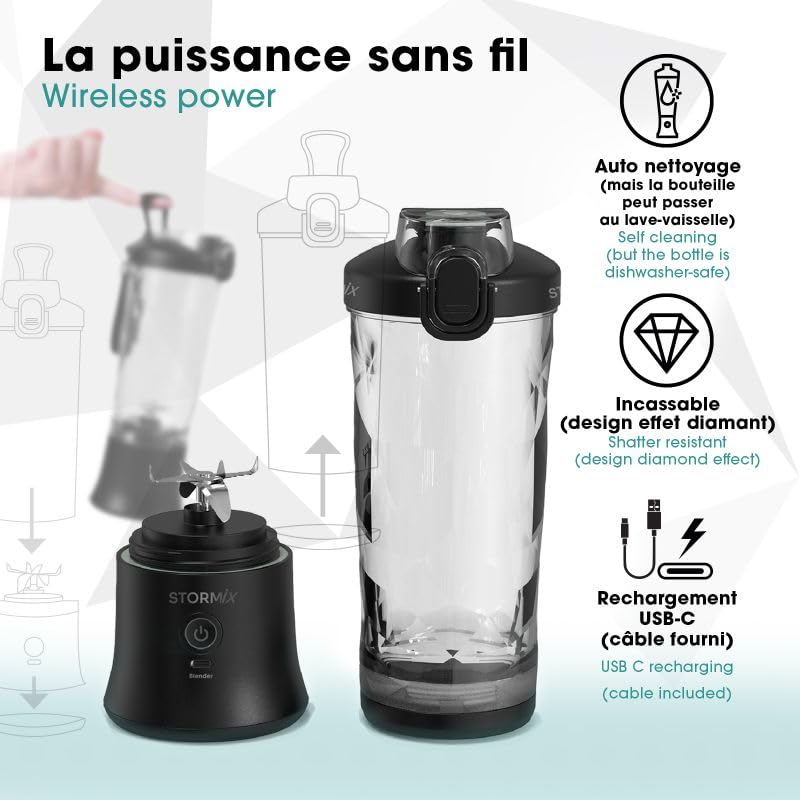 Stormix Blender – Blender Portatile Senza Fili – 6 Lame in Acciaio Inossidabile – 150 W Potente e Veloce – frullati, Shaker, Ghiaccio tritato – 600 ml – USB-C Ricaricabile – autopulente – Design