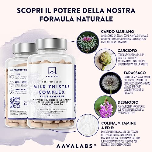 Cardo Mariano Fegato 80% Silimarina | Integratore Fegato e Intestino, 600mg Estratto 40:1 di Cardo Mariano Tarassaco e Carciofo Desmodio Vitamina A & E Colina, Depurativo Naturale Vegano - 120 Capsule