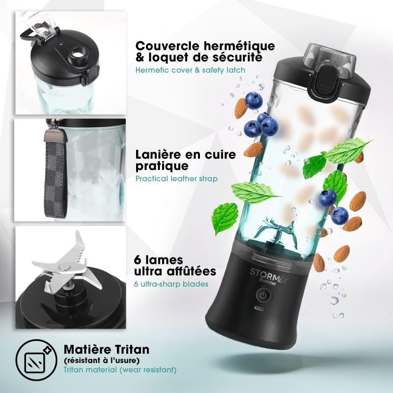 Stormix Blender – Blender Portatile Senza Fili – 6 Lame in Acciaio Inossidabile – 150 W Potente e Veloce – frullati, Shaker, Ghiaccio tritato – 600 ml – USB-C Ricaricabile – autopulente – Design