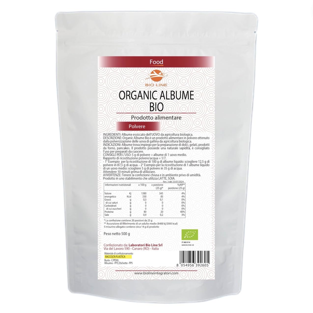 Albume Bio In Polvere - Prodotto alimentare da agricoltura biologica, 500 g