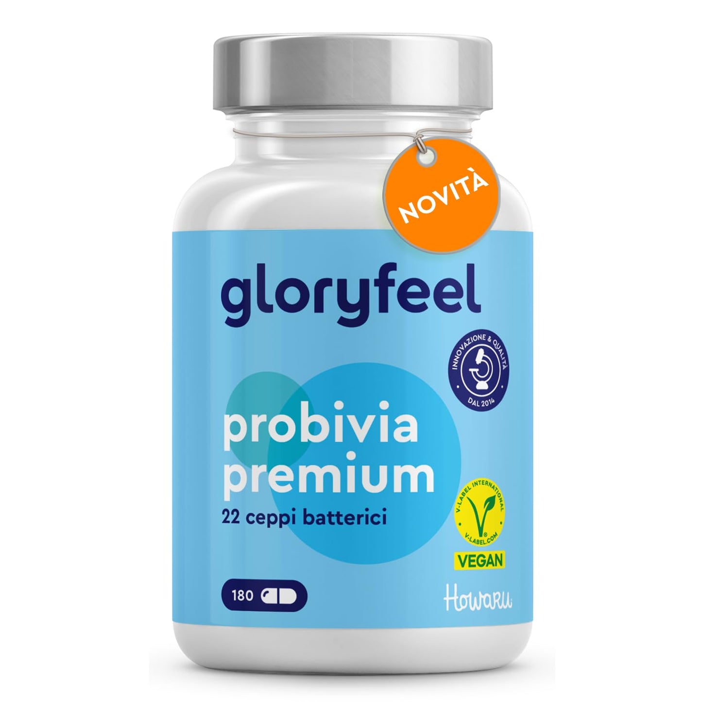 Fermenti Lattici Probiotici Premium HOWARU®, per Intestino, 180 Capsule, 22 Ceppi Batterici, con Inulina, 10 miliardi di CFU Lactobacillus e Bifidobacterium per la Flora Intestinale