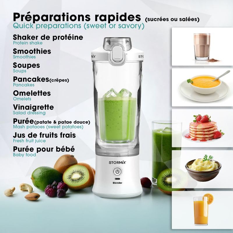 Stormix Blender – Blender Portatile Senza Fili – 6 Lame in Acciaio Inossidabile – 150 W Potente e Veloce – frullati, Shaker, Ghiaccio tritato – 600 ml – USB-C Ricaricabile – autopulente – Design
