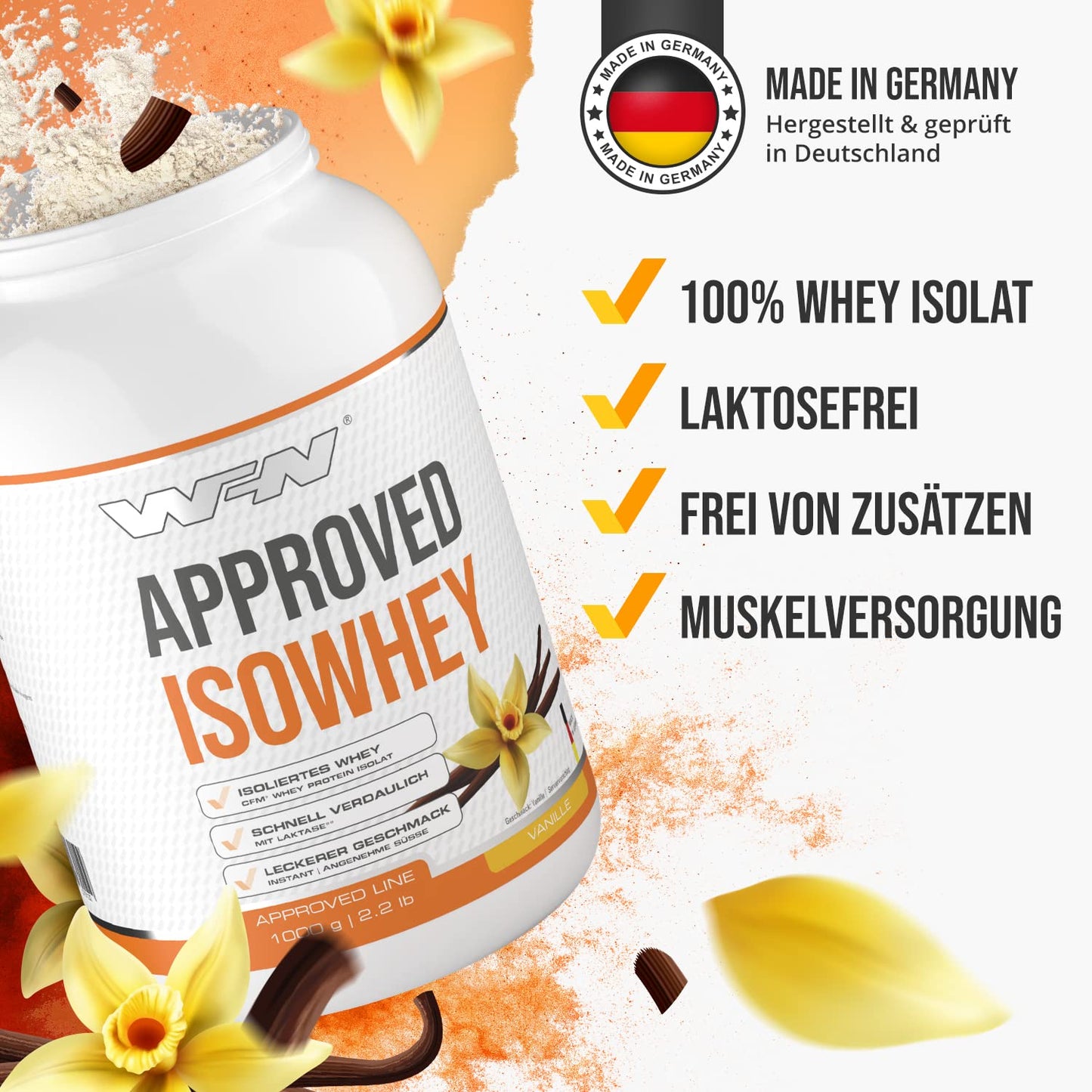 WFN Approved Isowhey - Vaniglia - 1 kg - Proteine in polvere prive di lattosio - Proteine isolate del siero del latte CFM - Molto solubile - Prodotto in Germania - Testato in laboratorio esterno