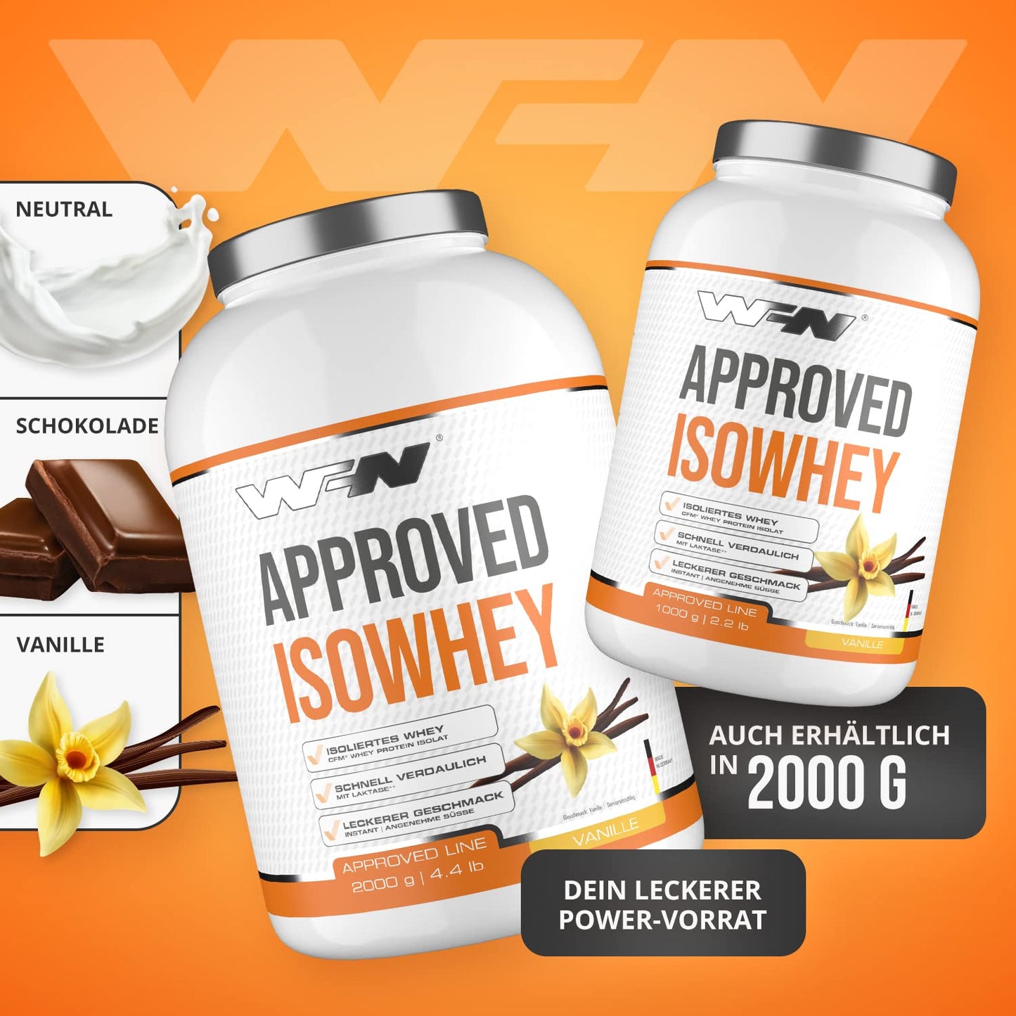 WFN Approved Isowhey - Vaniglia - 1 kg - Proteine in polvere prive di lattosio - Proteine isolate del siero del latte CFM - Molto solubile - Prodotto in Germania - Testato in laboratorio esterno