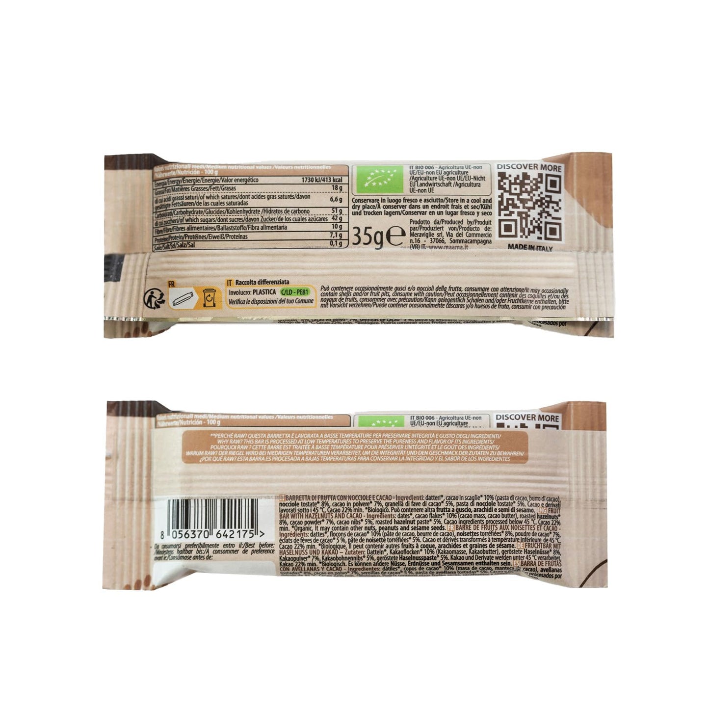 MAAMA, Barretta di frutta con Nocciole e Cacao Bio - Snack Sano e Goloso - Biologica, Vegan, Senza Zuccheri Aggiunti e Senza Glutine - Confezione da 14 barrette da 35g ciascuna