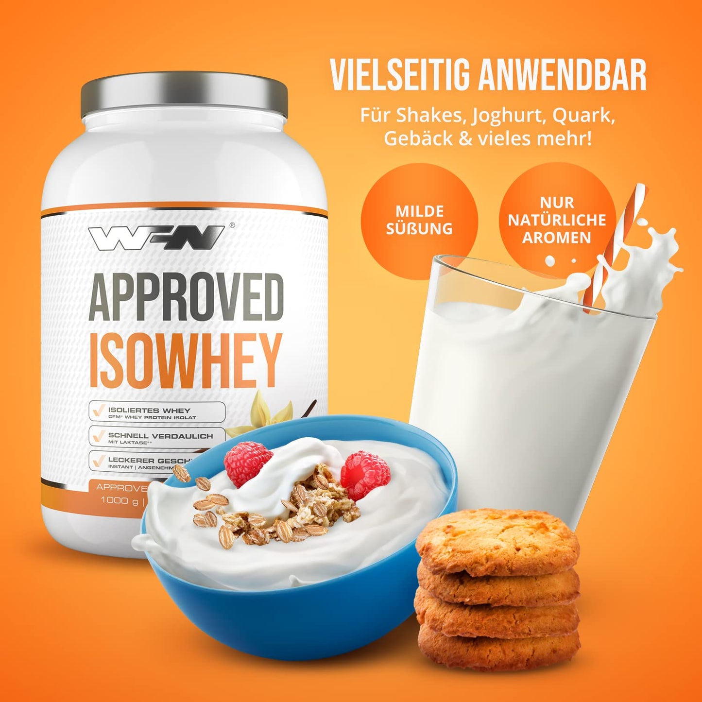 WFN Approved Isowhey - Vaniglia - 1 kg - Proteine in polvere prive di lattosio - Proteine isolate del siero del latte CFM - Molto solubile - Prodotto in Germania - Testato in laboratorio esterno