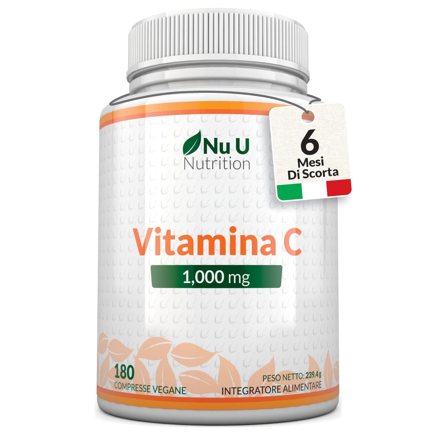 Vitamina C 1000mg Pura Alto Dosaggio - 180 Compresse Vegane - 6 Mesi di Fornitura - Acido Ascorbico - Senza GMO - Integratori alimentari di Nu U Nutrition