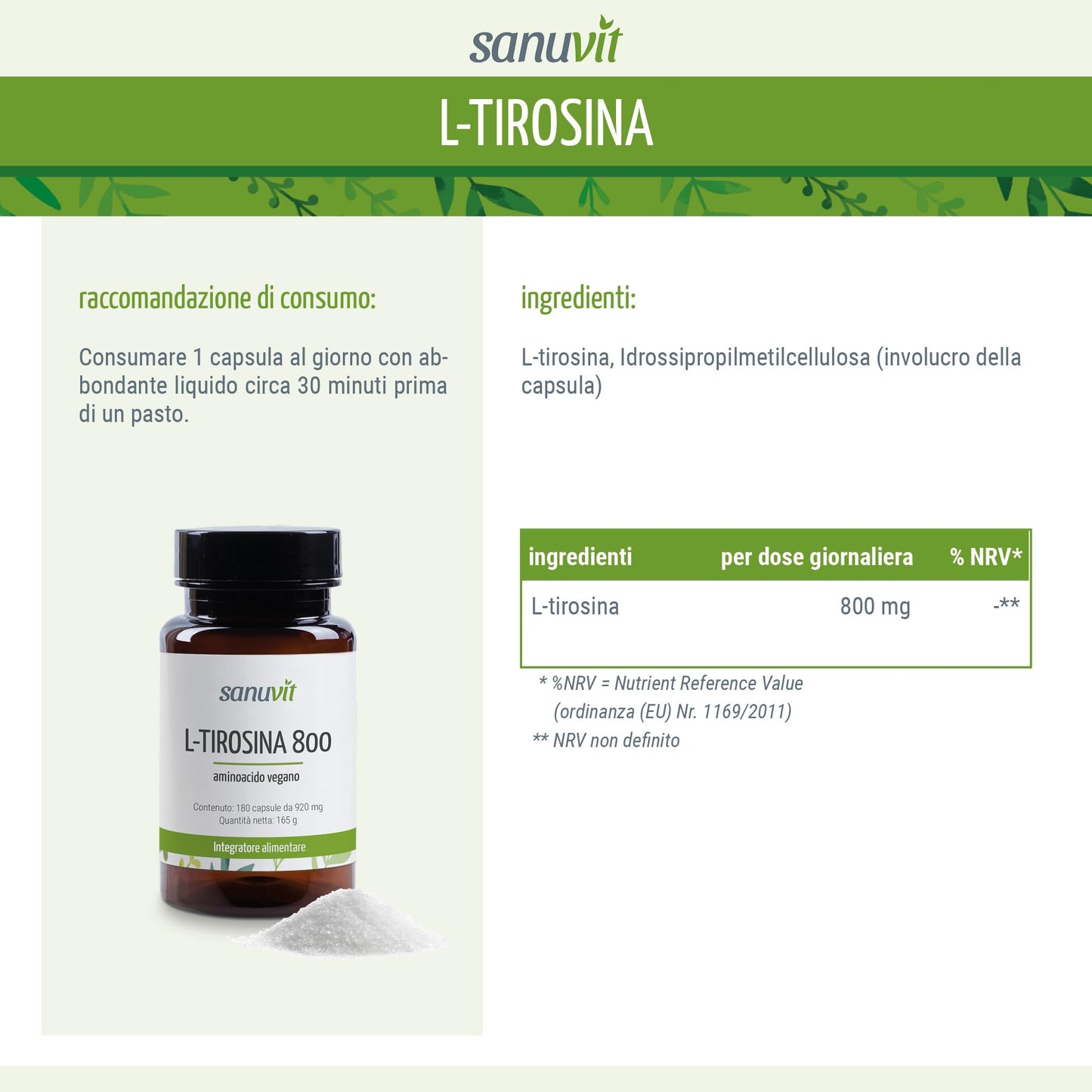 Sanuvit® - L-tirosina 800 mg per capsula | 180 capsule | Dose alta | Amminoacido | Elevata biodisponibilità e tolleranza | Vegano