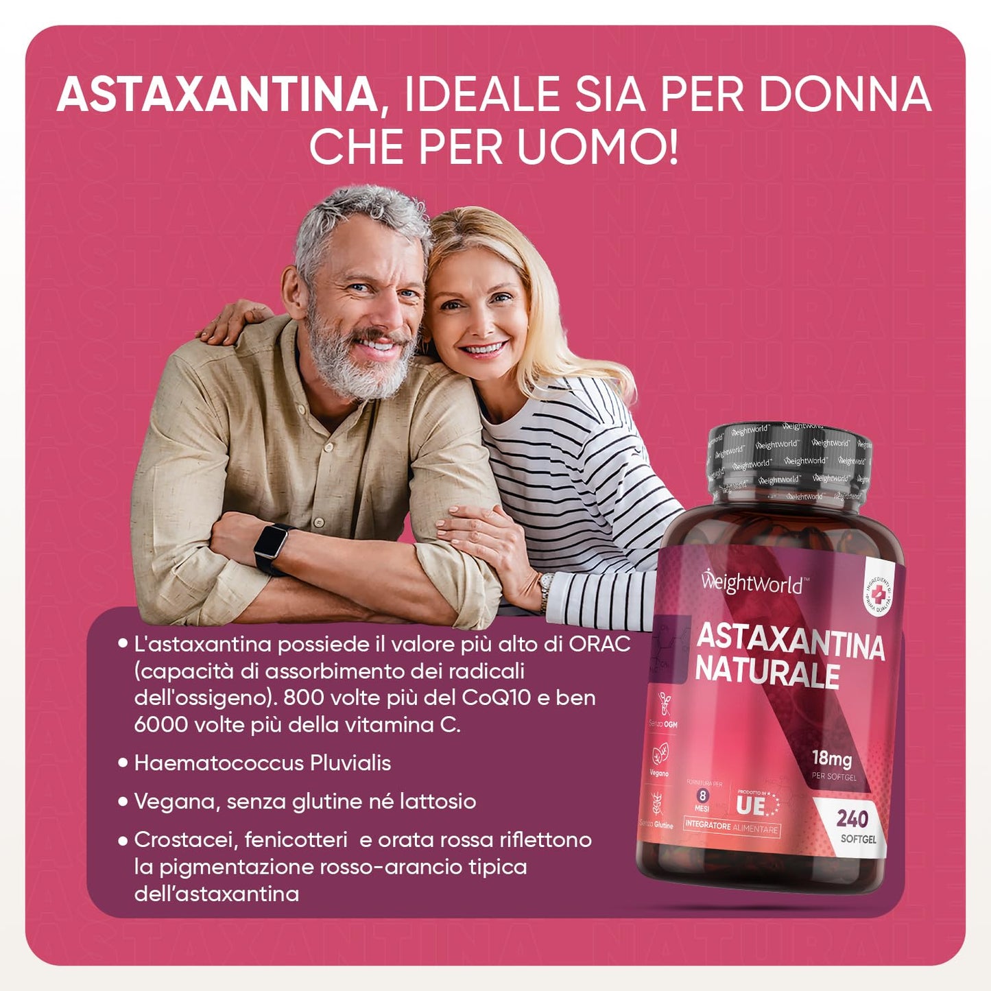 Astaxantina 18mg per 1 Softgel Vegan, 240 Astaxantina Capsule Softgel (Scorta 8 Mesi), Astaxantina Pura Senza Magnesio Stearato, Fonte di Alga Haematococcus Pluvialis, Natural Astaxantina Senza OGM