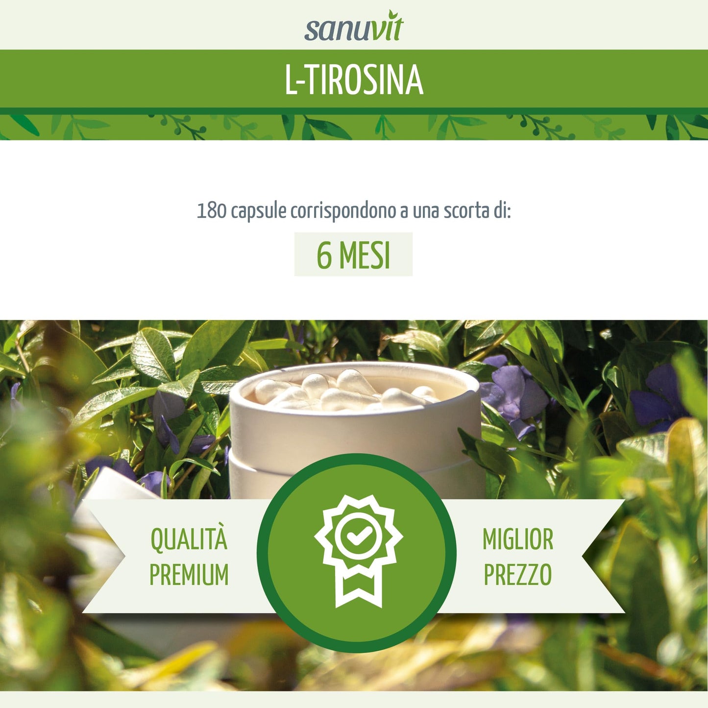 Sanuvit® - L-tirosina 800 mg per capsula | 180 capsule | Dose alta | Amminoacido | Elevata biodisponibilità e tolleranza | Vegano