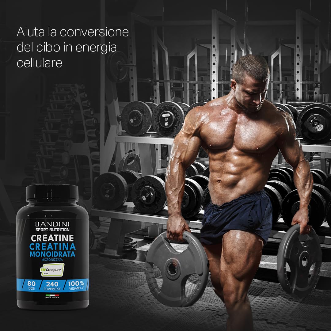 Bandini® Creatina CREAPURE® Monoidrata 240 Compresse - Integratore per Allenamento, Sport, Palestra e Pre Workout - 100% Vegan - A base di Creatine Monoidrato per ATP e recupero
