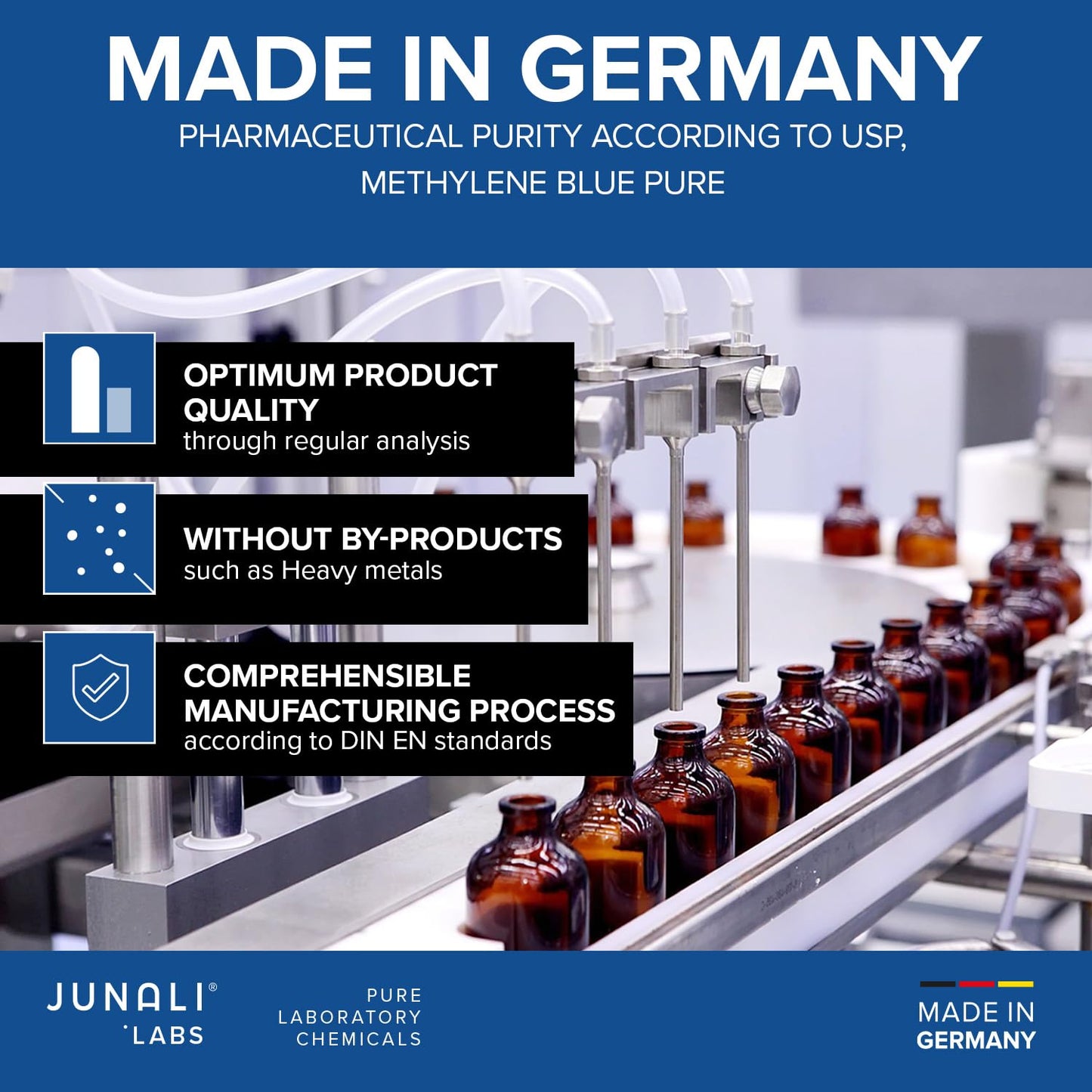 Soluzione di Blu di Metilene 1% USP Qualità Farmaceutica, 100 ml, senza Metalli Pesanti, Qualità Testata in Laboratorio - Prodotto in Germania da JUNALI