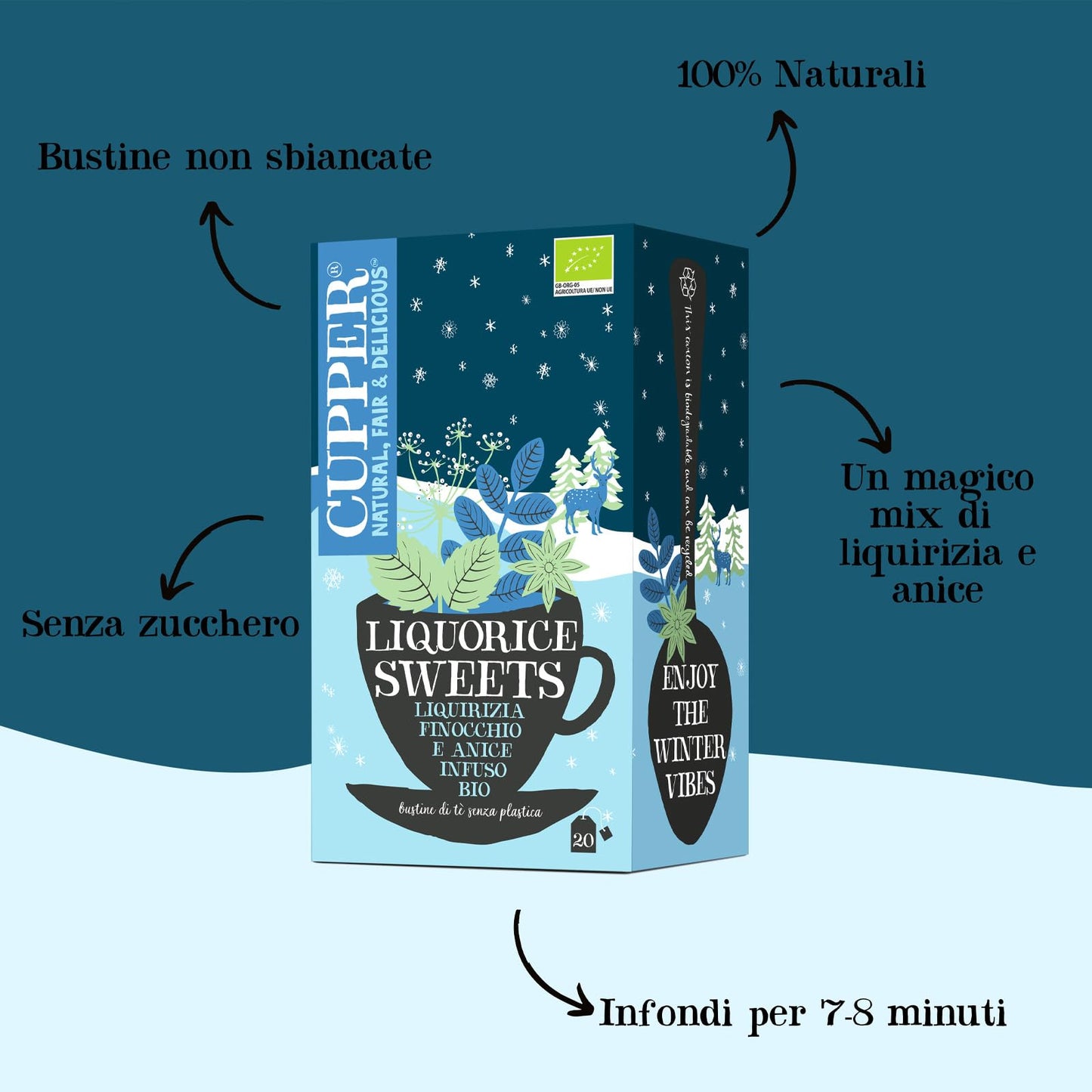 CUPPER Infuso Biologico Winter Liquorice Sweets, Tisana con Liquirizia, Menta Piperita e Anice Stellato, Tisane Natalizie, Filtri 100% Biodegradabili, Confezione da 20 Bustine