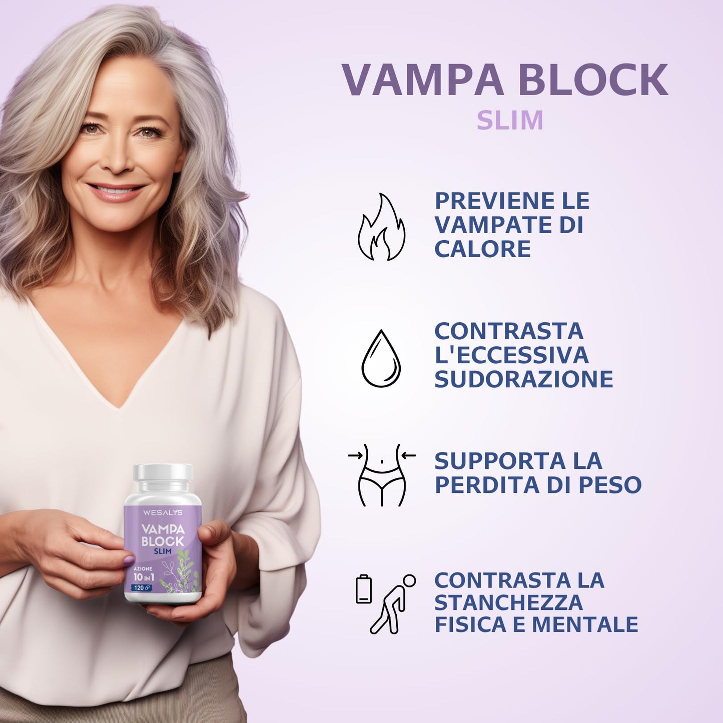 Menopausa Integratori Vampate, VAMPA BLOCK SLIM, 120 Capsule (4 Mesi), Azione 10 in 1, Favorisce l’equilibrio del peso corporeo, Integratore con Isoflavoni di Soia e Agnocasto, Vamp Control
