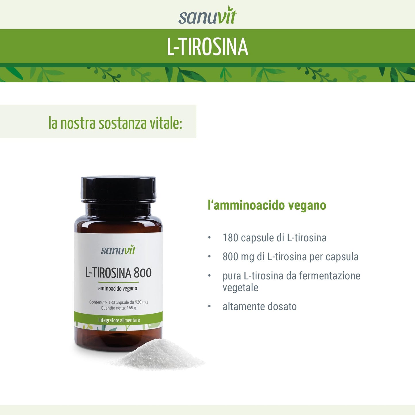 Sanuvit® - L-tirosina 800 mg per capsula | 180 capsule | Dose alta | Amminoacido | Elevata biodisponibilità e tolleranza | Vegano