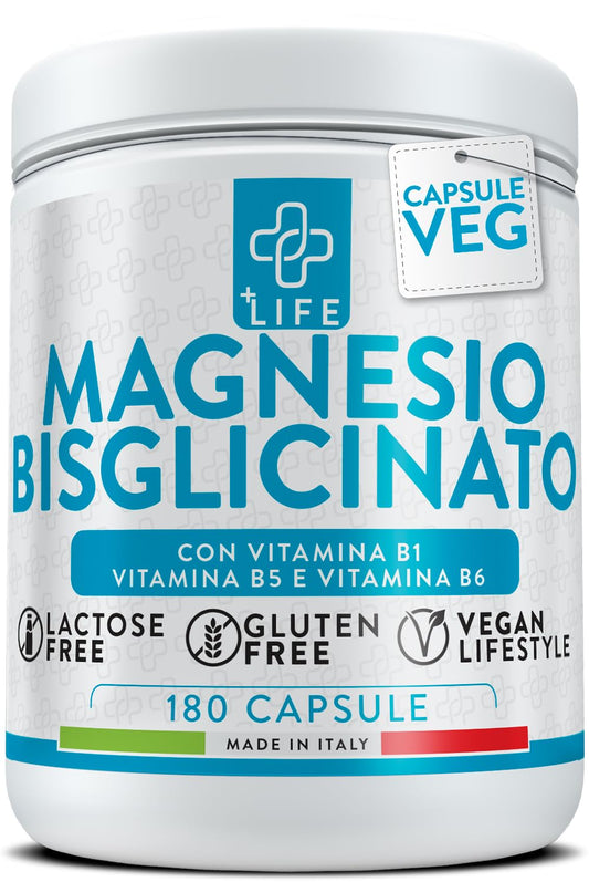 Magnesio Bisglicinato Capsule 180 PiuLife® Con Vitamina B6, B1, B5 Magnesio Organico, Integratore Muscoli, Sistema Nervoso, Stress, Ossa, Magnesio Glicinato Integratore Magnesio Per Dormire