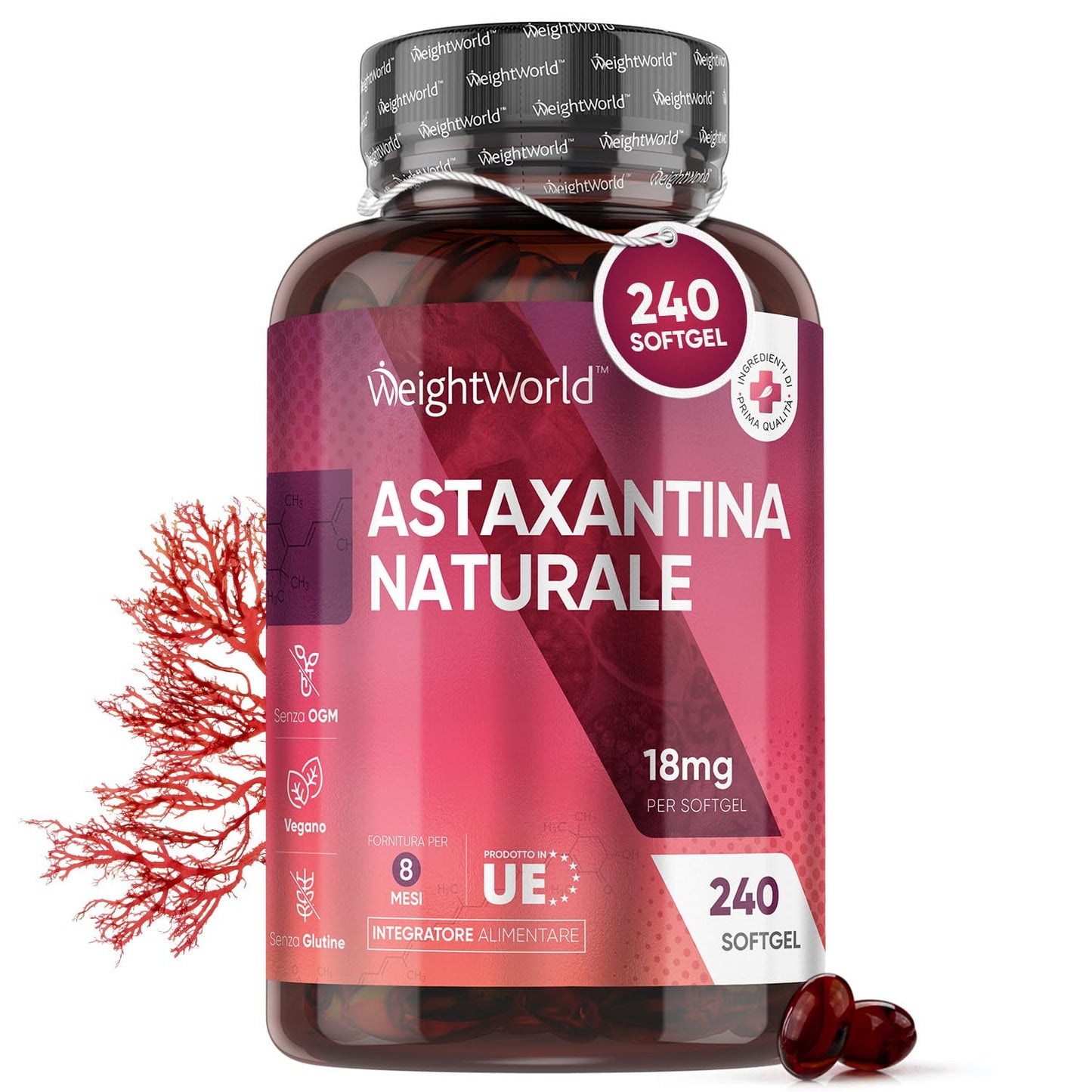 Astaxantina 18mg per 1 Softgel Vegan, 240 Astaxantina Capsule Softgel (Scorta 8 Mesi), Astaxantina Pura Senza Magnesio Stearato, Fonte di Alga Haematococcus Pluvialis, Natural Astaxantina Senza OGM